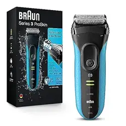 ریش تراش براون الکتریک سری 3 با ماشین اصلاح دقیق، ریش تراش فویل قابل شارژ، مرطوب و خشک مردانه، آبی/مشکی، 4 تکه