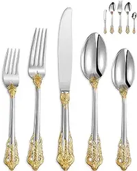 ست ظروف تخت فولادی 18/10 KEAWELL لوکس 45 تکه، سرویس 8 نفره، روکش نقره با لهجه های طلا، ست ظروف نقره ای خوب و قابل شستشو در ماشین ظرفشویی