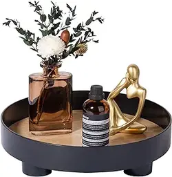 سینی گرد چوبی سینی تزئینی روستایی دکور پاییزی منزل 11.8 اینچی سینی سرو میز قهوه خانه مزرعه دکور سینی دایره ای، مشکی