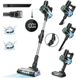 جارو برقی استیک شارژی، جاروبرقی بی سیم شارژی قدرتمند برای خانه 6 در 1 با نمایشگر LED، خود ایستا و گرز خم شونده 180 درجه، برای موکت و موی حیوانات خانگی کف زمین سخت