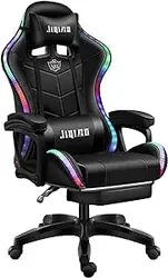 صندلی بازی صندلی اداری صندلی مسابقه نور LED، صندلی اداری ارگونومیک ماساژ، پشتیبانی کمری و نیمکت قابل تنظیم پشتی، صندلی اداری چرخشی چرخشی برای بازیکن بزرگسالان کودک گیمر. (مشکی)