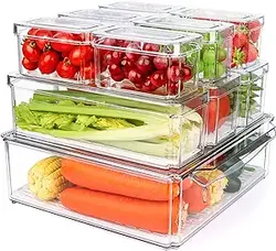 10 بسته سطل سازماندهی انباری یخچال، سطل های سازماندهی یخچال با درب، سطل های پلاستیکی شفاف برای نگهداری مواد غذایی برای آشپزخانه، میز، کابینت، یخچال، نوشیدنی ها، میوه ها، سبزیجات، غلات