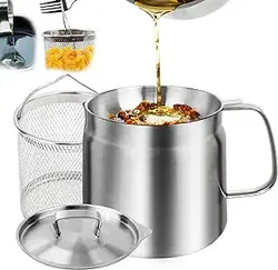 قابلمه فیلتر روغن استیل 1.5 لیتری، ظرف گریس بیکن با صافی توری ریز و سبد سرخ کن، روغن پخت و پز، ذخیره سازی چربی گوشت خوک در آشپزخانه، مینی شیر قابلمه القایی برای قهوه چای