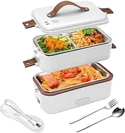 جعبه ناهار برقی GGEROU، جعبه ناهار گرم کننده غذای قابل حمل 800 میلی لیتری 2 لایه، جعبه ناهار گرمکن فولادی ضد زنگ 304 با محفظه های قابل جابجایی، ضد نشت بخاری غذا