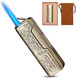 CIGARLOONG فندک سیگار آشپزخانه مشعل فندک حکاکی شده با شعله ضد باد فندک گازی مستقیم برای پخت سیگار BBQ Topsense با جعبه هدیه (رنگ: طلایی، گاز شامل نمی شود))