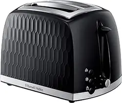 توستر Russell Hobbs Honeycomb 2 Slice (شاخ های بسیار پهن، ویژگی بالابر بالا، 6 سطح قهوه ای شدن، عملکرد یخ زده/لغو/گرم کردن مجدد، سینی خرده نان قابل جابجایی، 850 وات، مشکی، براق با بافت بالا) 26061