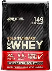 منبع اصلی پودر پروتئین آب پنیر 100% استاندارد طلایی Optimum Nutrition (ON)، 24 گرم پروتئین برای حمایت و ریکاوری عضلات - شکلات مضاعف غنی، 10 پوند، 149 وعده (4.54 کیلوگرم)