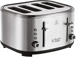 توستر 4 تکه استیل ضد زنگ Russell Hobbs Stylevia (26290GCC) با قابلیت بالابر بالا، تنظیمات قهوه ای شدن متغیر با عملکرد یخ زدایی/گرم کردن مجدد/لغو و سینی خرده نان قابل جابجایی - گارانتی یک ساله