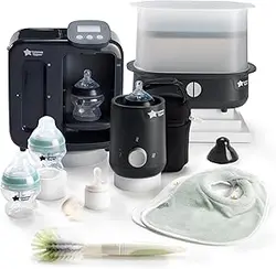 کیت تغذیه نوزاد Tommee Tippee Ultimate Formula Formula, ضدعفونی کننده بخار برقی، شیشه شیر کودک ضد کولیک و نزدیک به طبیعت و دستگاه پرفکت پرپ روز و شب، شامل 4 شیشه کودک، مشکی