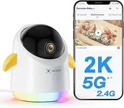 مانیتور کودک 2K COCOCAM، دوربین هوشمند Wifi کودک با 2.4/5G، چرخش 355 درجه، شیب 120 درجه، برنامه تلفن، نور سرگرم کننده، تجزیه و تحلیل هوش مصنوعی، تشخیص گریه