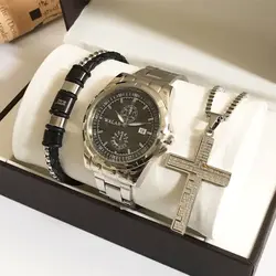 ست ساعت و دستبند و گردنبند صلیب مردانه سیلور 385450540