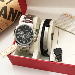 ست ساعت مردانه و دستبند انگشتر سفید نقره ای 315370450