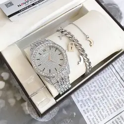 ست ساعت مجلسی نگینی نقره ای زنانه و زیورآلات بهمراه اشانتیون