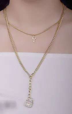 گردنبند بلند زنانه دو ردیفه زنانه استیل طلایی طرح قفل و کلید 220250290