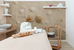 کاغذ دیواری  سالن ماساژ طرح صدف دریایی روی ماسه