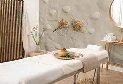 کاغذ دیواری  سالن ماساژ طرح صدف دریایی روی ماسه