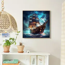 تابلوخام نقاشی باالماس طرح کشتی دزدان دریایی در دریای طوفانی - نقاشی با الماس