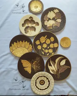 ست دیوار کوب سفالی ورق طلا گل برجسته رزینی تم قهوای