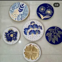 ست دیوار کوب بشقاب دیواری سفالی آبی سفید ب جسته ورق طلا