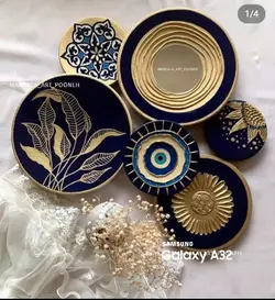 ست دیوار کوب سرمه ای طلایی برجسته چشم نظر ورق طلا وآینه