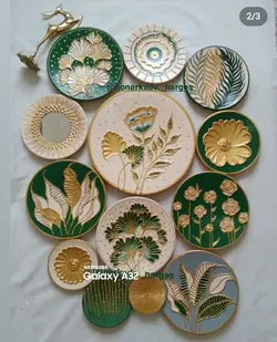 ست دیوار کوب کرم سبز برجسته طرح گل برگ ورق طلا ۱۳ تیکه