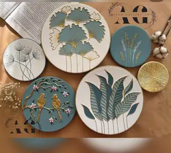 ست دیوار کوب آبی سفید برجسته ورق طلا طرح پرنده وبرگ