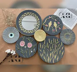 ست دیوار کوب توسی طلایی برجسته طرح گل وپرنده آینه