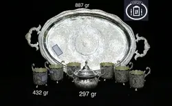 سرویس چای خوری نقره قلم گل و مرغ ممتاز عیار ۸۴ استاندارد ایران