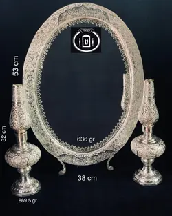 آینه و شمعدان نقره (آینه نقره بیضی ساده و لاله نقره مدل چراغ نفتی قلم گل و مرغ عیار ۸۴