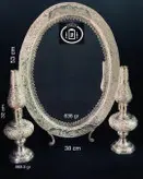 آینه و شمعدان نقره (آینه نقره بیضی ساده و لاله نقره مدل چراغ نفتی قلم گل و مرغ عیار ۸۴