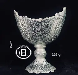 کشکول نقره قلم گل و مرغ و اسلیمی سیاه قلم پتینه ممتاز عیار ۸۴ استاندارد ایران