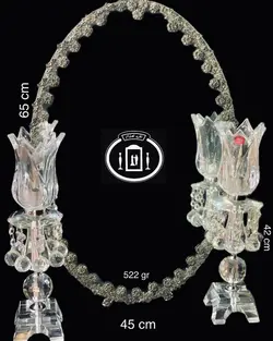 (آینه و شمعدان نقره اهتمام) آینه نقره بیضی ساده و لاله کریستال نقره مدل گل رز ریخته گری مومی ممتاز عیار ۸۴