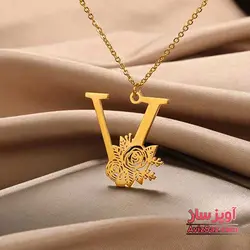 گردنبند حرف انگلیسی V طرح گل رز کد 102334