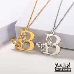 گردنبند حرف B با طرح پروانه کد 100604