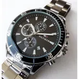 ساعت بندفلزی عقربه ای مردانه سه موتورفعال ضدآب تاریخ دار ارسال رایگان تاریخ شمار ساعت نقره ای صفحه مشکی عقربه شب نما