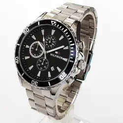 بندفلزی مردانه سه موتوره فعال نقره ای صفحه مشکی رنگ ثابت فروش ویژه تاریخ شمار اسپرت و شیک