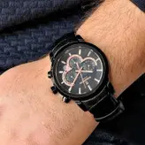 ساعت رومانسون مردانه بندچرمی فیکس قفل کلیپسی سه موتور فعال کرنوگراف ضدآب تاریخ شمار زیبا مشکی رزگلد