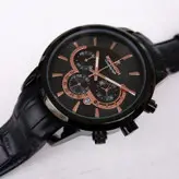 ساعت رومانسون مردانه بندچرمی فیکس قفل کلیپسی سه موتور فعال کرنوگراف ضدآب تاریخ شمار زیبا مشکی رزگلد