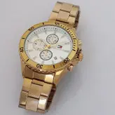 بندفلزی مردانه ضدآب طلایی 3 موتور فعال کرنوگراف .رنگ ثابت فروش ویژه تاریخ شمار اسپرت و شیک