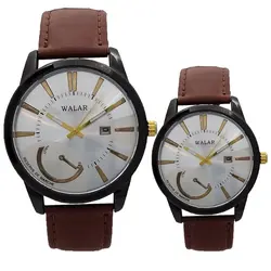 ست ساعت بندچرمی والار WALAR جفتی زنانه و مردانه ارسال رایگان ضدآب قهوه ای کادو خاص حراج ساعت فروش ویژه تاریخ شمار