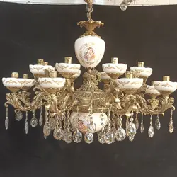 لوستر سرامیکی 12 شعله شش شاخه دوگل با سرامیک سفید رنگ انتیک و طلایی