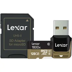 کارت حافظه microSDXC لکسار مدل Professional کلاس ۱۰ استاندارد UHS-II U3 سرعت ۱۸۰۰X همراه با ریدر USB 3.0 و آداپتور – ظرفیت ۱۲۸ گیگابایت