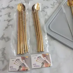 نی شربت قاشق دار یونیک نی نوشیدنی طلایی