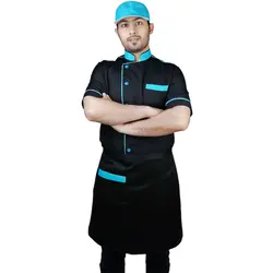 لباس فرم رستورانی ویرا مشکی فیروزه ای سه تیکه با کلاه نقابدار