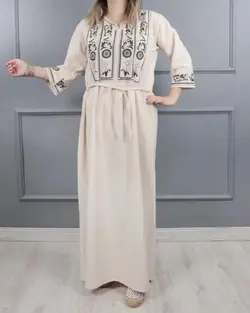 پیراهن مانتویی لینن نقش سنتی 1202 - بلوط مد