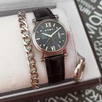 ست ساعت چرم و دستبند و انگشتر زنانه استیل موتور ژاپ