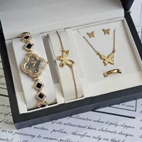 ست ساعت زنانه زیبا ساعت ونکلیف نیم ست و دستبند استیل رنگ ثابت با انگشتر ارسال رایگان