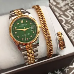 ست ساعت و دستبند (طلایی-نقره ای صفحه سبز) کد 4126