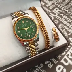 ست ساعت و دستبند (طلایی-نقره ای صفحه سبز) کد 4126