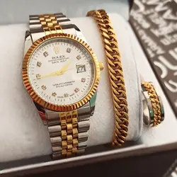 ست ساعت و دستبند (طلایی-نقره ای صفحه سفید) کد 4126